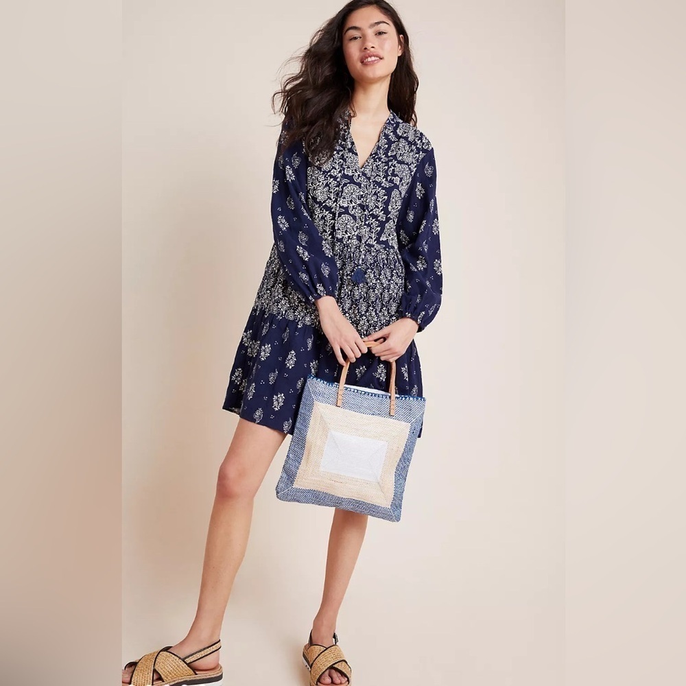 Anthropologie Maeve Carlita Navy Tiered Mixed Floral Cotton Dress NEW